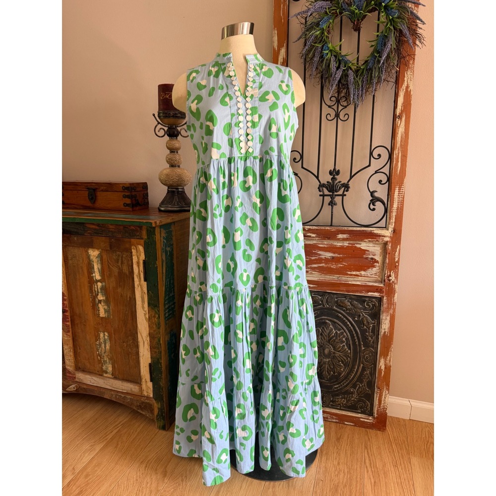 Sheridan French Tessa Maxi Dress Women Large Blue Green Leopard Print Tier